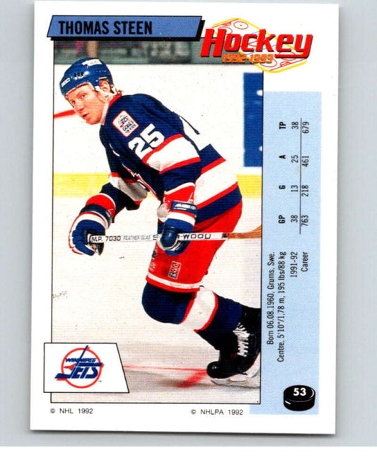 1992-93 Panini Stickers Hockey  #53 Thomas Steen  Winnipeg Jets  V82566 Image 1