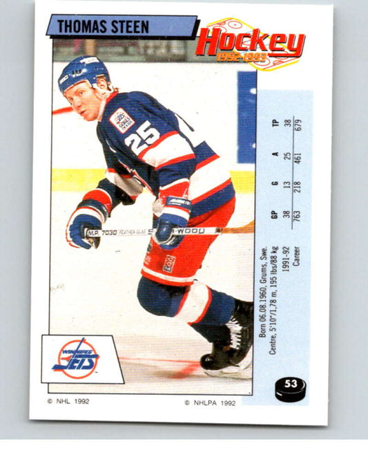 1992-93 Panini Stickers Hockey  #53 Thomas Steen  Winnipeg Jets  V82567 Image 1