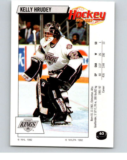 1992-93 Panini Stickers Hockey  #63 Kelly Hrudey  Los Angeles Kings  V82586 Image 1