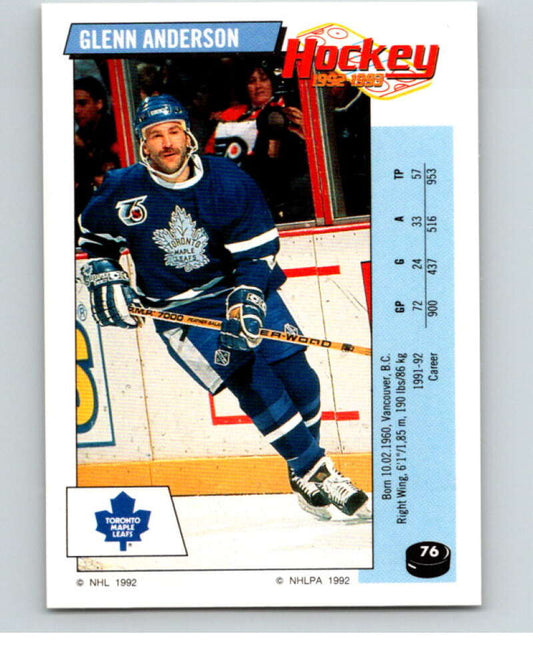 1992-93 Panini Stickers Hockey  #76 Glenn Anderson  Toronto Maple Leafs  V82611 Image 1
