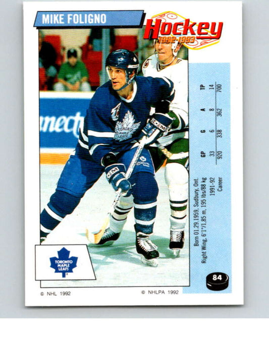 1992-93 Panini Stickers Hockey  #84 Mike Foligno  Toronto Maple Leafs  V82621 Image 1