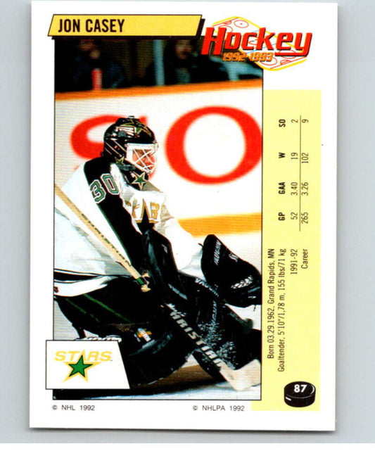 1992-93 Panini Stickers Hockey  #87 Jon Casey  Minnesota North Stars  V82628 Image 1