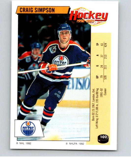 1992-93 Panini Stickers Hockey  #102 Craig Simpson  Edmonton Oilers  V82652 Image 1