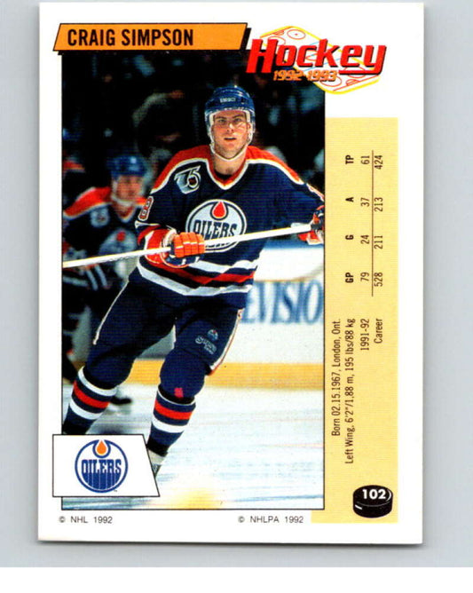 1992-93 Panini Stickers Hockey  #102 Craig Simpson  Edmonton Oilers  V82653 Image 1