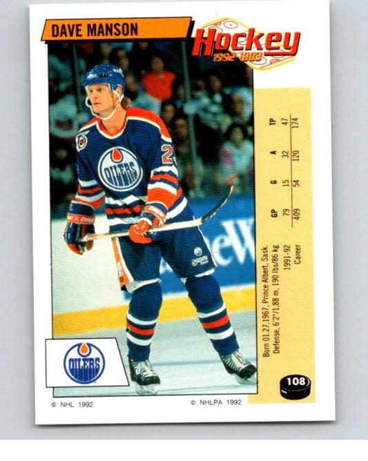 1992-93 Panini Stickers Hockey  #108 Dave Manson  Edmonton Oilers  V82670 Image 1