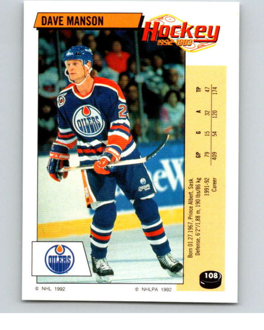 1992-93 Panini Stickers Hockey  #108 Dave Manson  Edmonton Oilers  V82672 Image 1