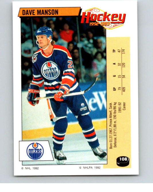 1992-93 Panini Stickers Hockey  #108 Dave Manson  Edmonton Oilers  V82673 Image 1