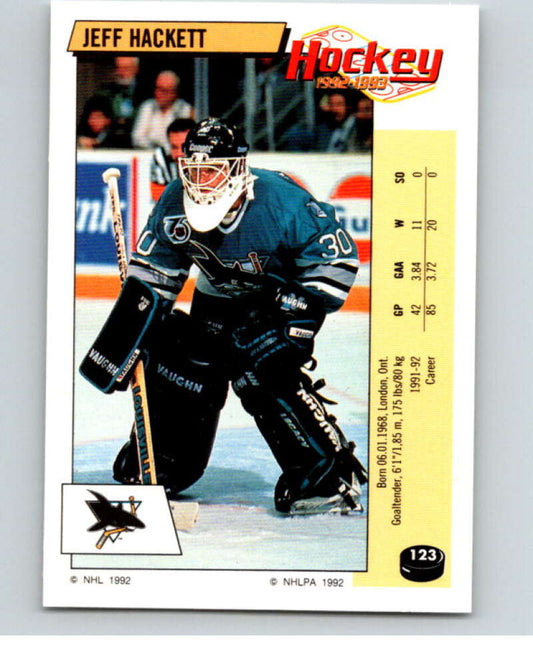 1992-93 Panini Stickers Hockey  #123 Jeff Hackett  San Jose Sharks  V82704 Image 1