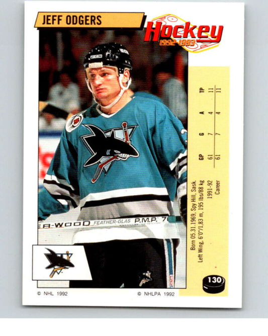 1992-93 Panini Stickers Hockey  #130 Jeff Odgers  San Jose Sharks  V82715 Image 1