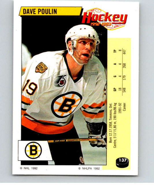 1992-93 Panini Stickers Hockey  #137 Dave Poulin  Boston Bruins  V82729 Image 1