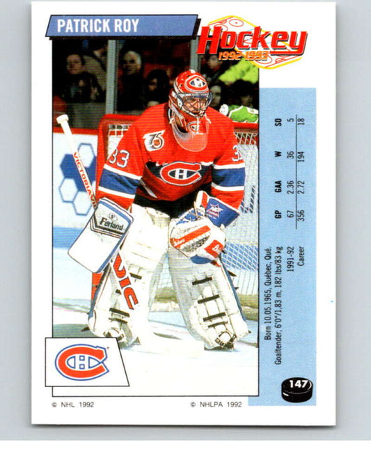 1992-93 Panini Stickers Hockey  #147 Patrick Roy  Montreal Canadiens  V82752 Image 1