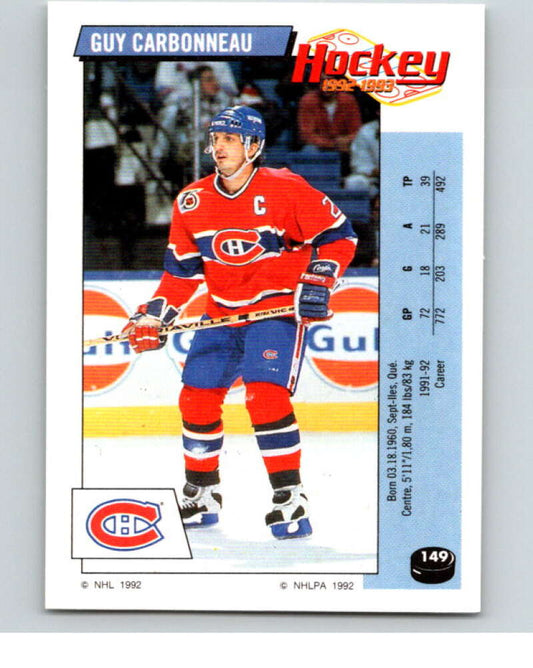 1992-93 Panini Stickers Hockey  #149 Guy Carbonneau  Montreal Canadiens  V82756 Image 1