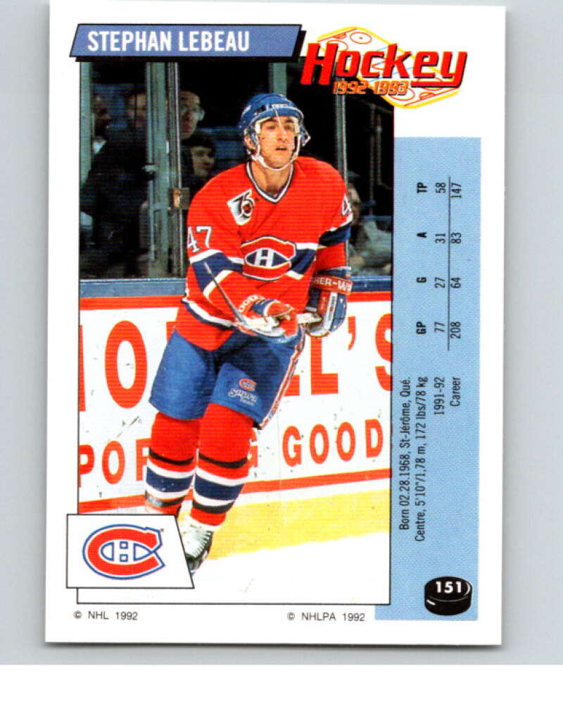 1992-93 Panini Stickers Hockey  #151 Stephan Lebeau  Montreal Canadiens  V82760 Image 1