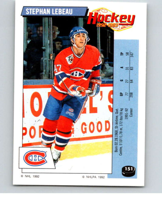 1992-93 Panini Stickers Hockey  #151 Stephan Lebeau  Montreal Canadiens  V82762 Image 1