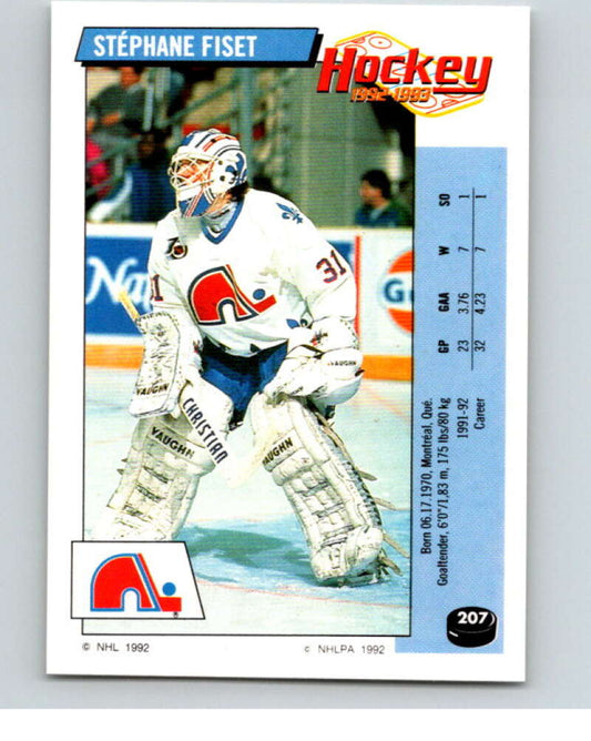 1992-93 Panini Stickers Hockey  #207 Stephane Fiset  Quebec Nordiques  V82890 Image 1