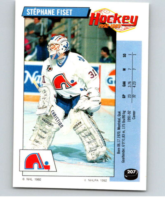 1992-93 Panini Stickers Hockey  #207 Stephane Fiset  Quebec Nordiques  V82891 Image 1