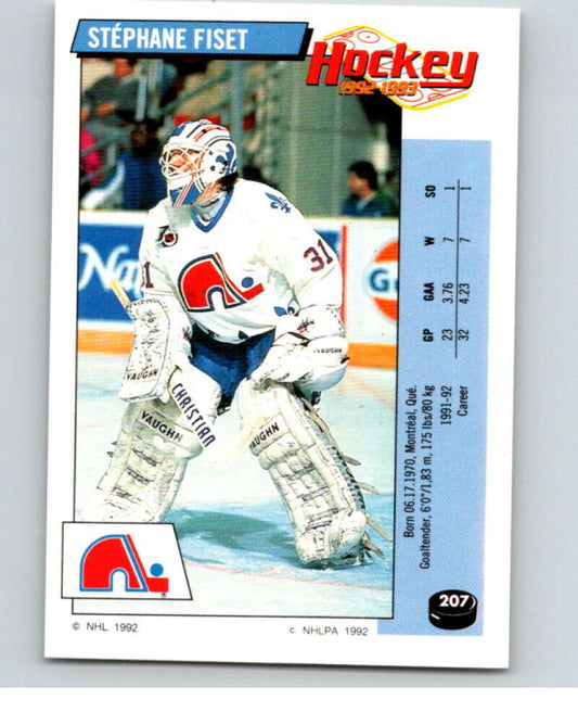 1992-93 Panini Stickers Hockey  #207 Stephane Fiset  Quebec Nordiques  V82892 Image 1