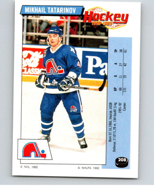1992-93 Panini Stickers Hockey  #208 Mikhail Tatarinov  Quebec Nordiques  V82894 Image 1