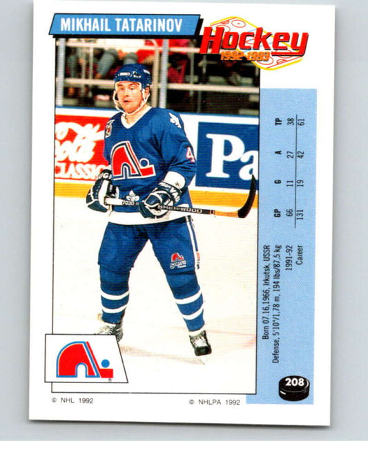 1992-93 Panini Stickers Hockey  #208 Mikhail Tatarinov  Quebec Nordiques  V82895 Image 1