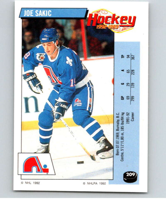 1992-93 Panini Stickers Hockey  #209 Joe Sakic  Quebec Nordiques  V82896 Image 1