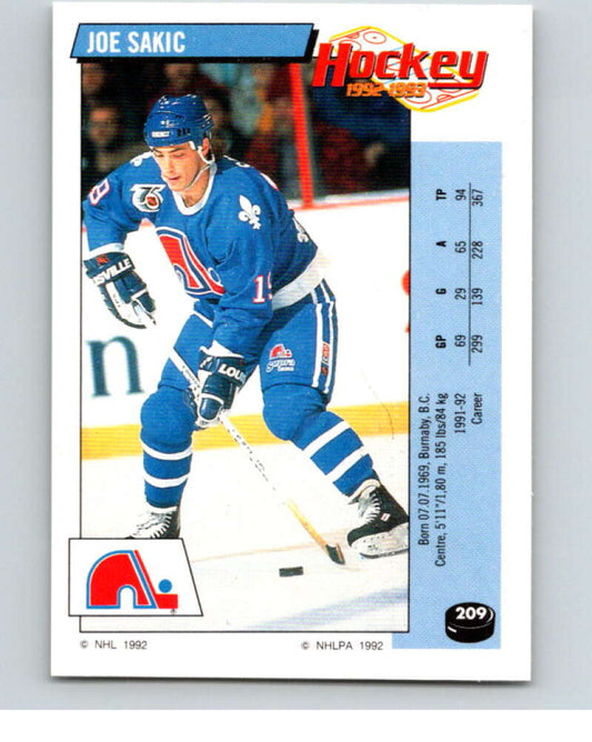 1992-93 Panini Stickers Hockey  #209 Joe Sakic  Quebec Nordiques  V82897 Image 1