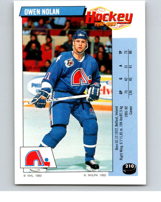 1992-93 Panini Stickers Hockey  #210 Owen Nolan  Quebec Nordiques  V82900 Image 1