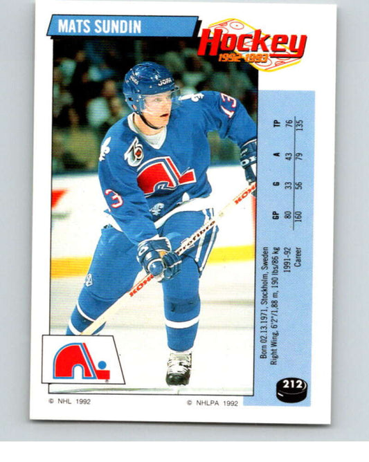 1992-93 Panini Stickers Hockey  #212 Mats Sundin  Quebec Nordiques  V82904 Image 1