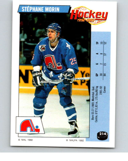 1992-93 Panini Stickers Hockey  #214 Stephane Morin  Quebec Nordiques  V82909 Image 1