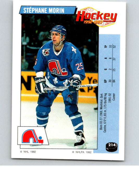 1992-93 Panini Stickers Hockey  #214 Stephane Morin  Quebec Nordiques  V82910 Image 1