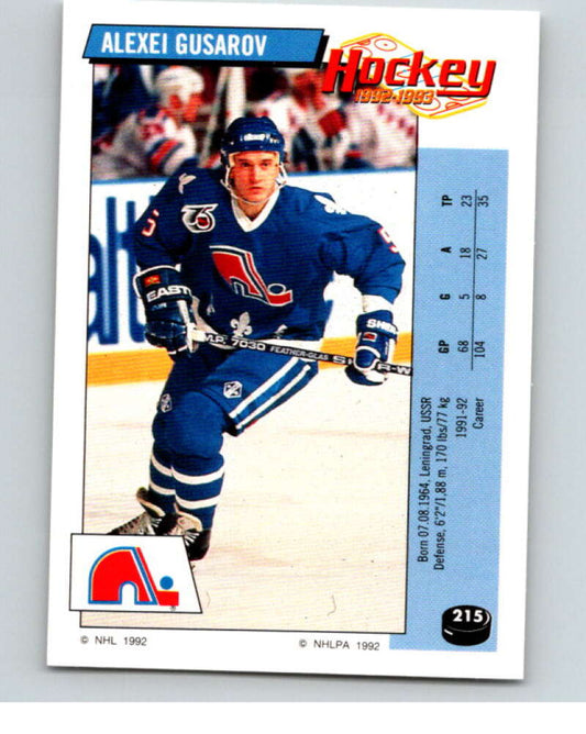 1992-93 Panini Stickers Hockey  #215 Alexei Gusarov  Quebec Nordiques  V82912 Image 1