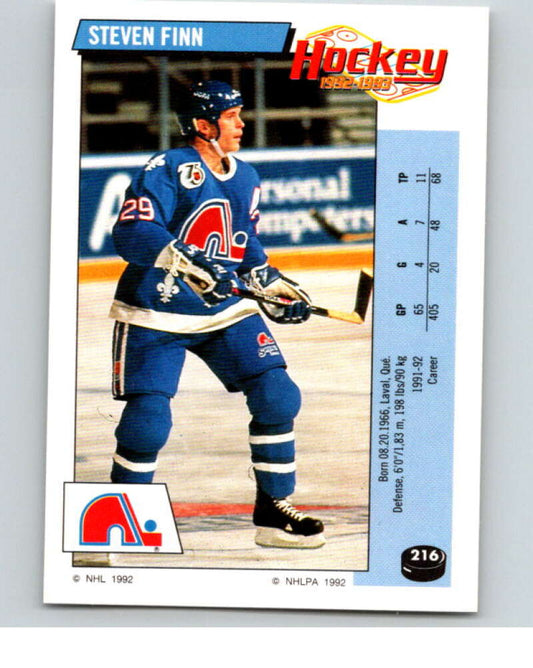 1992-93 Panini Stickers Hockey  #216 Steven Finn  Quebec Nordiques  V82915 Image 1