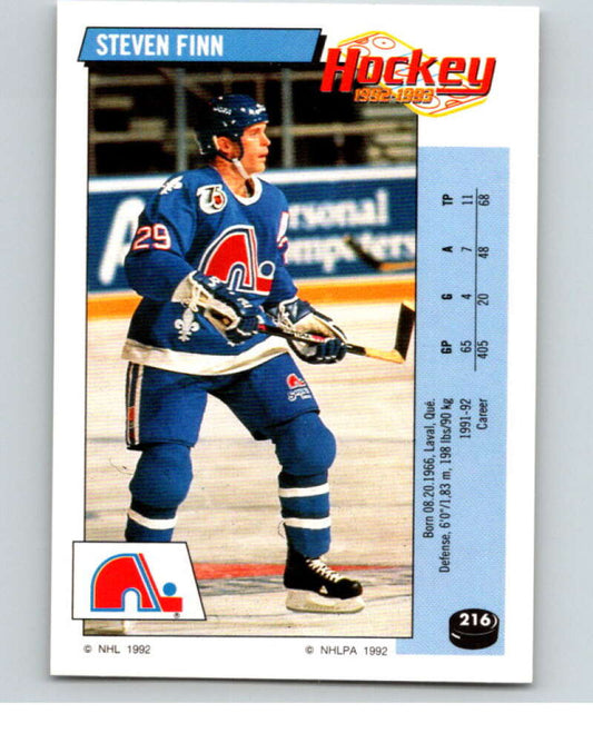 1992-93 Panini Stickers Hockey  #216 Steven Finn  Quebec Nordiques  V82916 Image 1