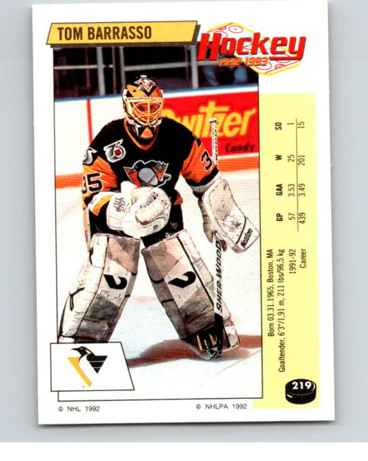 1992-93 Panini Stickers Hockey  #219 Tom Barrasso  Pittsburgh Penguins  V82919 Image 1