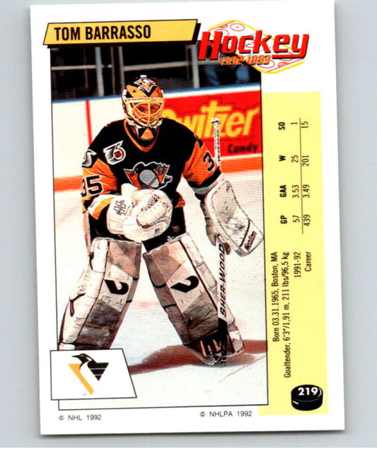 1992-93 Panini Stickers Hockey  #219 Tom Barrasso  Pittsburgh Penguins  V82920 Image 1