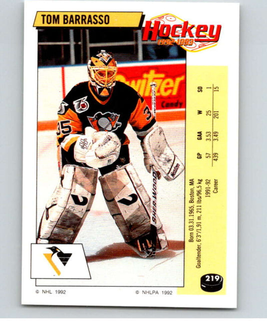 1992-93 Panini Stickers Hockey  #219 Tom Barrasso  Pittsburgh Penguins  V82921 Image 1