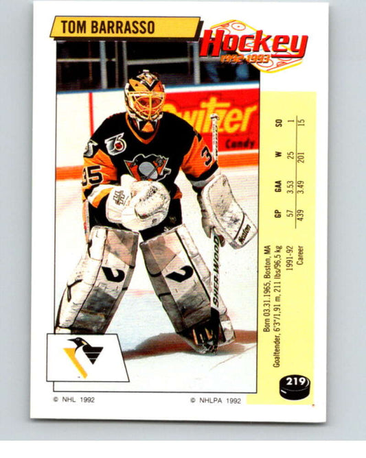 1992-93 Panini Stickers Hockey  #219 Tom Barrasso  Pittsburgh Penguins  V82924 Image 1