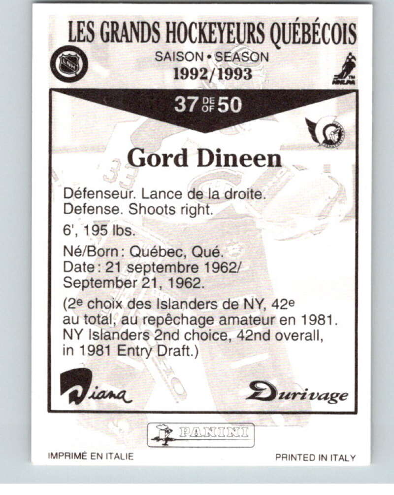 1992-93 Durivage Panini #37 Gord Dineen  V84079 Image 2