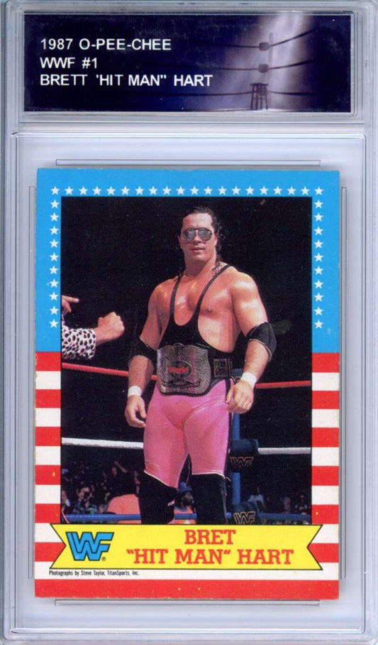 1987 O-Pee-Chee WWF #1 Bret Hit Man Hart Rookie Authentic Encased Image 1