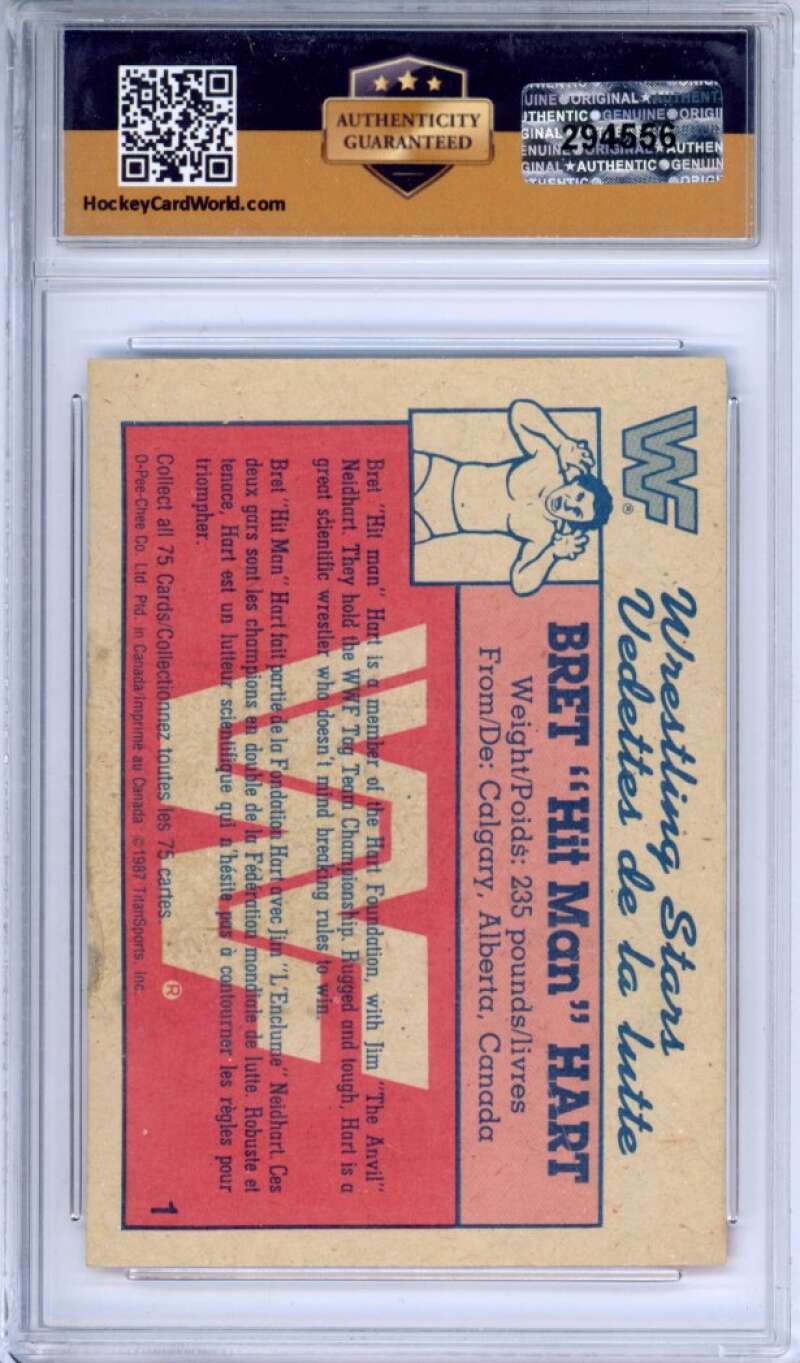 1987 O-Pee-Chee WWF #1 Bret Hit Man Hart Rookie Authentic Encased Image 2