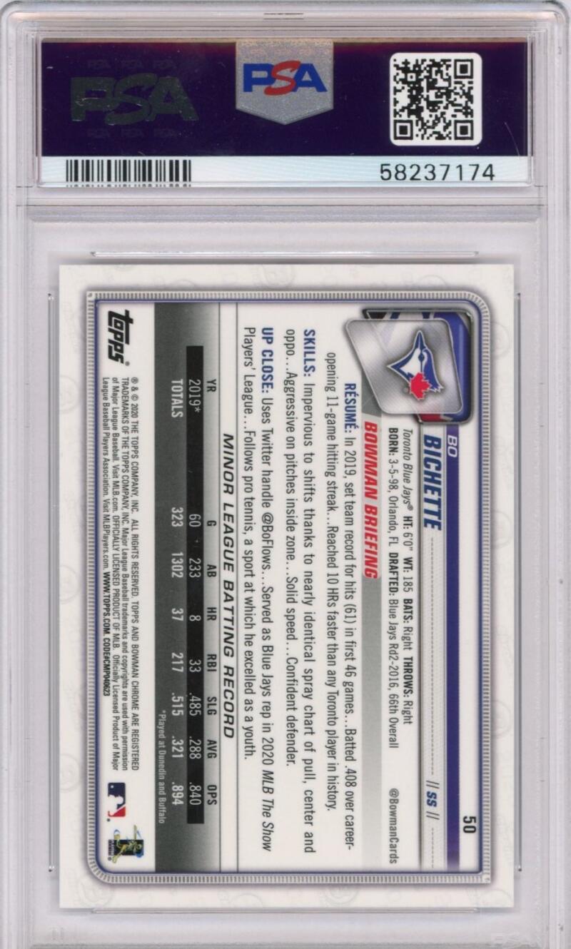 2020 Bowman Chrome #50 Bo Bichette RC Rookie Toronto Blue Jays PSA 10 - #7174 Image 2