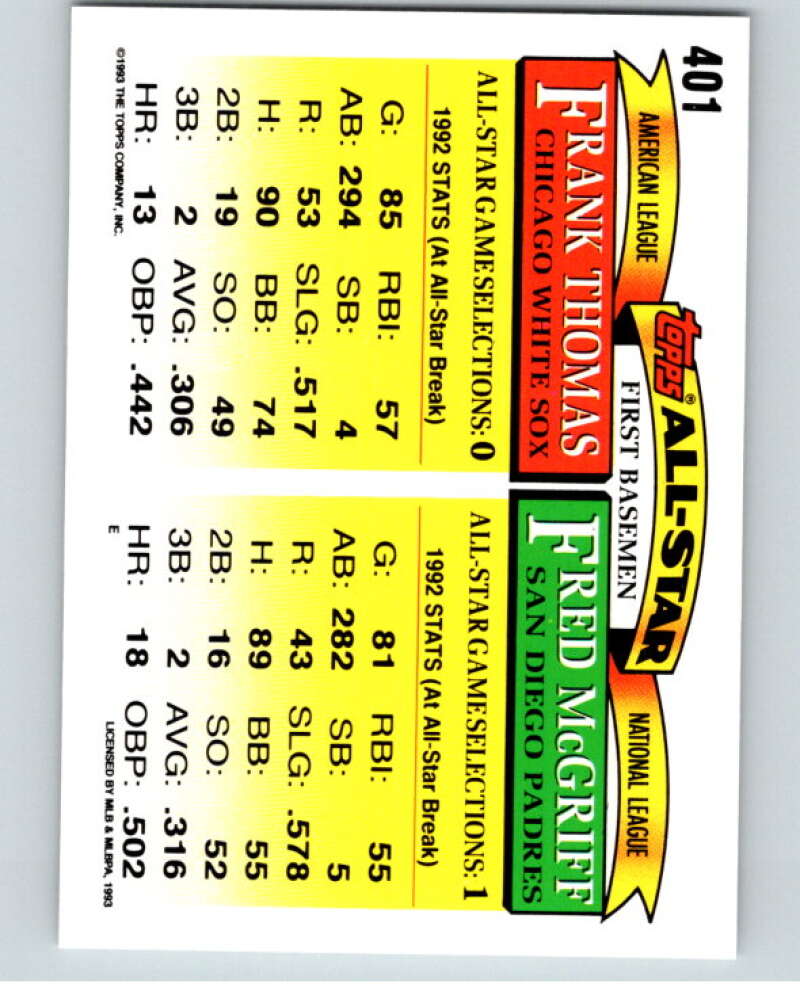 1993 Topps Gold #401 Fred McGriff/Frank Thomas AS   V84481 Image 2