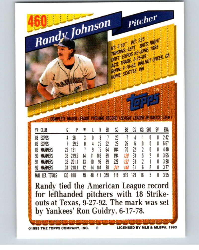 1993 Topps Gold #460 Randy Johnson  Seattle Mariners  V84488 Image 2