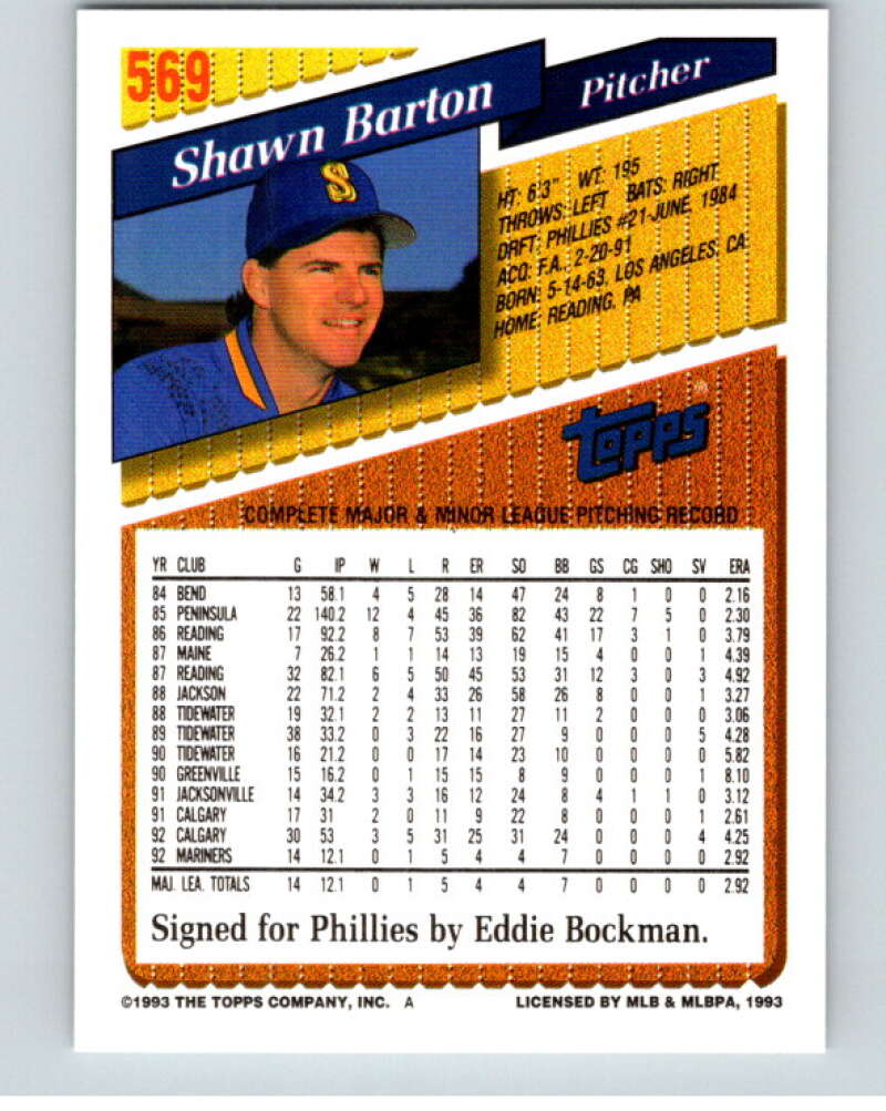 1993 Topps Gold #569 Shawn Barton RC Rookie Mariners  V84499 Image 2
