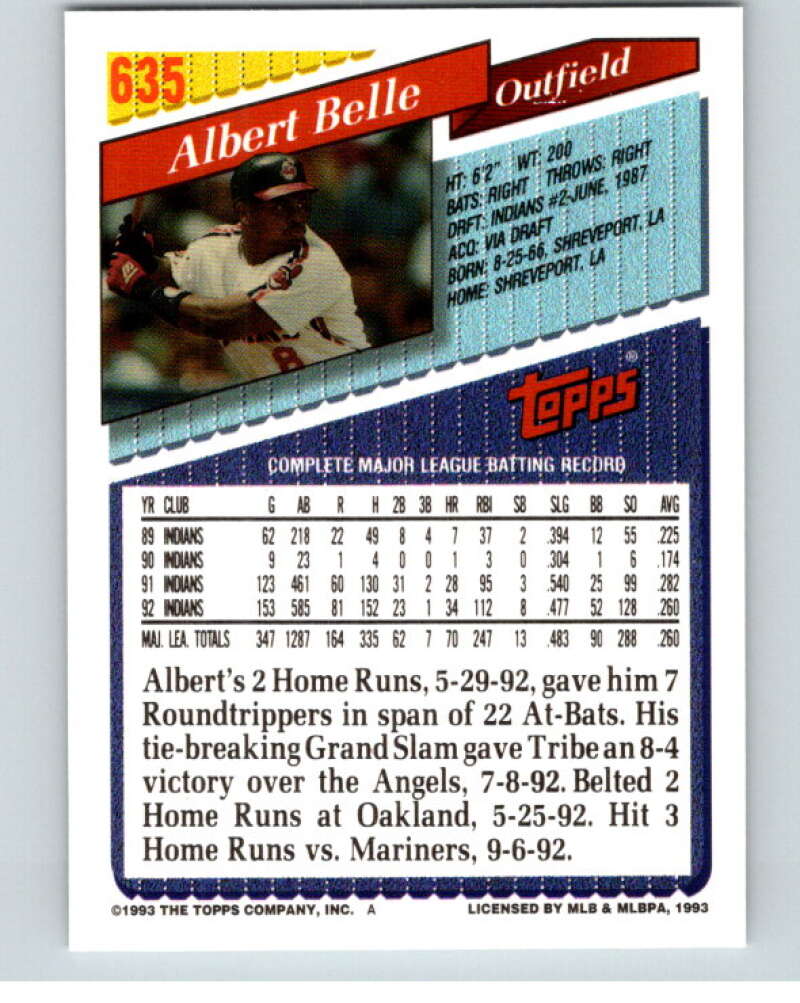 1993 Topps Gold #635 Albert Belle  Cleveland Indians  V84504 Image 2