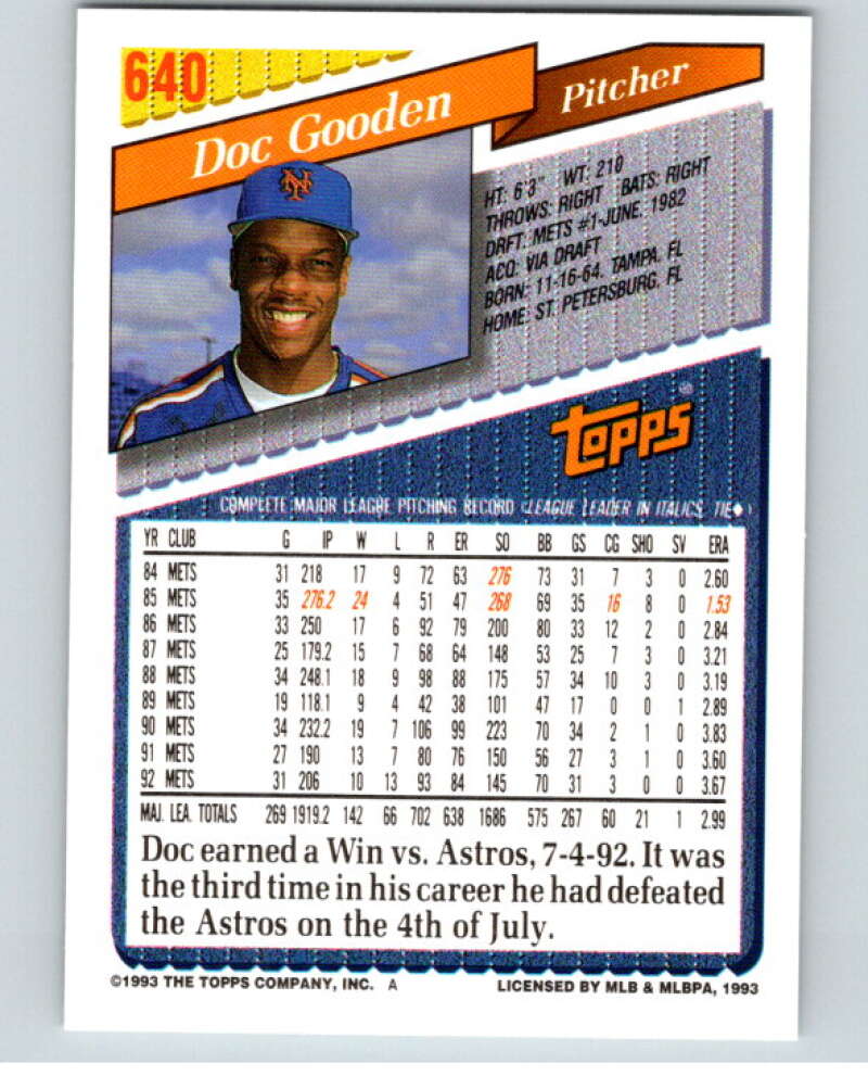1993 Topps Gold #640 Dwight Gooden  New York Mets  V84505 Image 2
