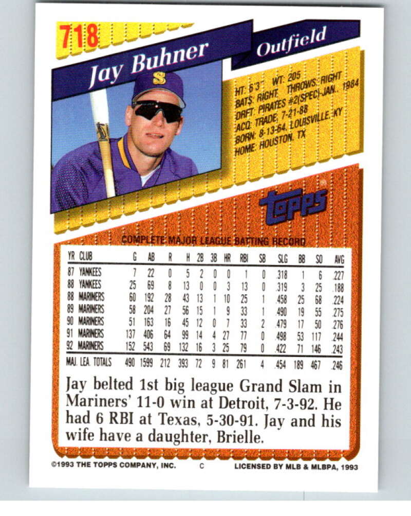 1993 Topps Gold #718 Jay Buhner  Seattle Mariners  V84511 Image 2