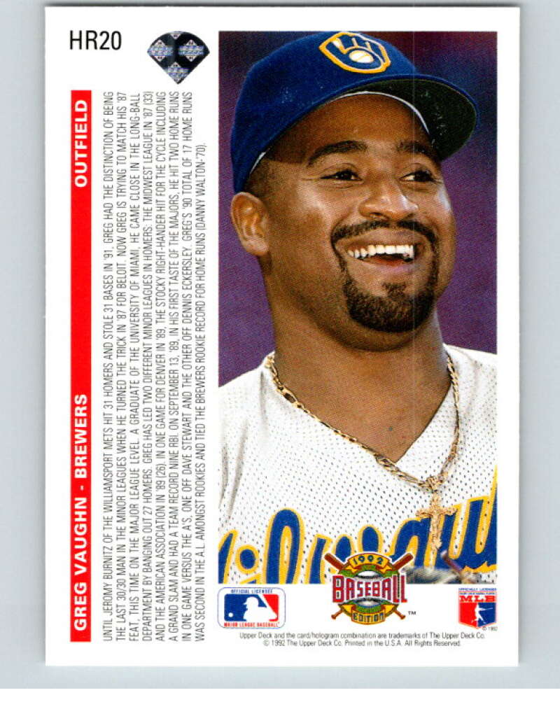 1992 Upper Deck Home Run Heroes #HR20 Greg Vaughn  V84544 Image 2