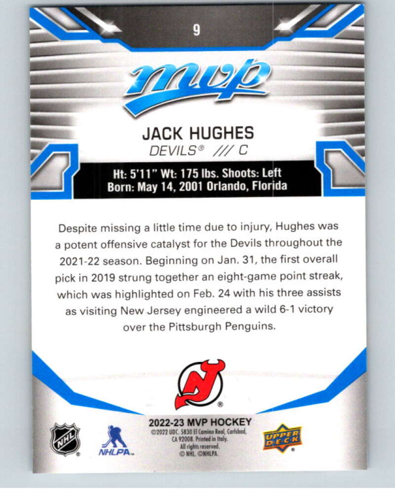 2022-23 UD MVP  Blue Script #9 Jack Hughes  New Jersey Devils  V86069 Image 2