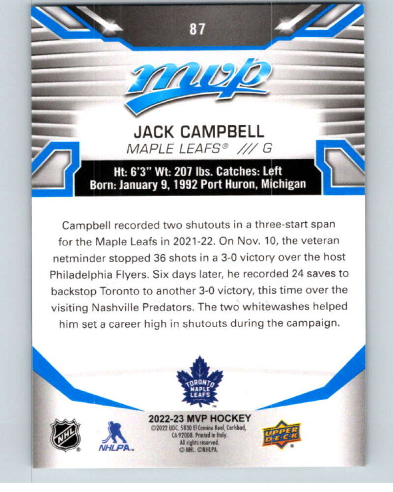 2022-23 UD MVP  Blue Script #87 Jack Campbell  Toronto Maple Leafs  V86147 Image 2