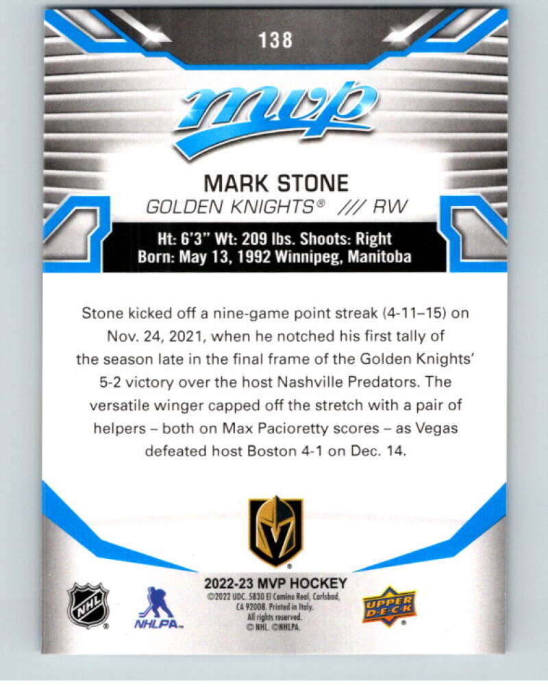 2022-23 UD MVP  Blue Script #138 Mark Stone  Vegas Golden Knights  V86198 Image 2
